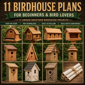 May include: A digital guide titled 11 BIRDHOUSE PLANS FOR BEGINNERS & BIRD LOVERS featuring 11 unique backyard birdhouse projects. The image displays various wooden birdhouse designs, including barn, log cabin, and A-frame styles, alongside rolled blueprints.