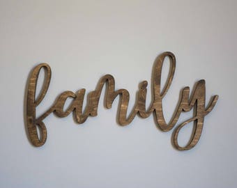 Family Wood Cutout, Gallery Wall Sign, Wooden Family word, calligraphy wood family, mothers day gift, christmas gift, family love