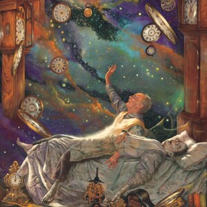 May include: A painting of an old man surrounded by clocks, with the text "The Clockmaker" at the top. The man is lying on a bed, looking up at the clocks, which are floating in the air. The text below the image reads: "There was an old man that made the clocks Tock and tick and tick and tock. But on the hour he never could Make them all as they should Chime together a perfect chime. Then came the day he went and died And found in heaven no tick nor tock Nor any hand on any clock. Alas, alas, no perfect chime. In heaven you see, there is no time. Written and Illustrated by Tony Troy"