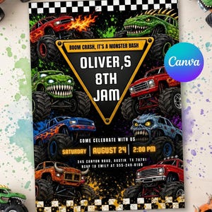 May include: A rectangular party invitation featuring a black background with a checkered border, multiple monster trucks, and a central yellow triangle. Text reads: BOOM CRASH, IT'S A MONSTER BASH, OLIVER,S 8TH JAM, COME CELEBRATE WITH US, SATURDAY AUGUST 24 2:00 PM.