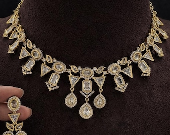 Kundan Moissanite Halskette Set, indische Braut Hochzeit Schmuck, Gold Statement ethnische Braut Set