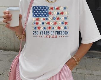 American Flower Flag T-Shirt - 4th Of July Shirt - Girls Floral 250 Anniversary Tee