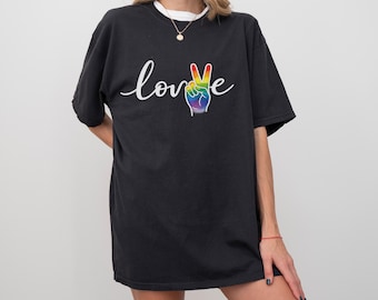 Gay Pride Love Rainbow Peace T-Shirt | Pride Month, Inclusive Graphic Tee, Love script peace sign
