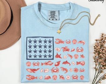 4th of July Coastal Sea Animal American Flag Comfort Colors Shirt, USA 250th Anniversary Shirt. Retro Fishing Ocean Tee, Patriotic Beach Tee