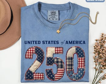 America 250th Anniversary Comfort Colors© Shirt, 4th of July Shirt, USA Faux Floral Gingham Patchwork Shirt, Semiquincentennial Shirt
