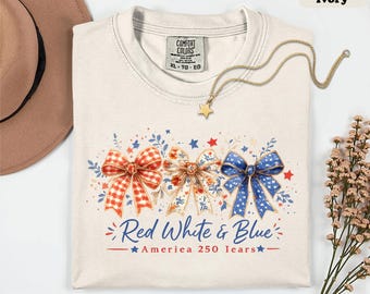 Preppy Coquette Red White Blue Bow Comfort Colors Shirt, Floral Patriotic Graphic Tee, Girly 4th of July Unisex Tee, America 250 Years Shirt
