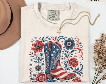 Patriotic Cowboy Boot Shirt, 4th July 250th Year Western America Tee, Comfort Colors® USA Gift Tee, Vintage USA Rodeo Style Top