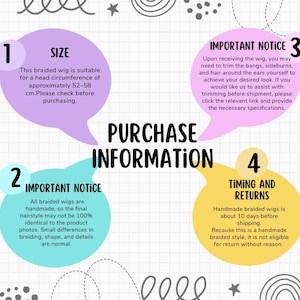 May include: An informational graphic titled PURCHASE INFORMATION with four numbered speech bubbles. Bubble 1 details a head circumference of 52-58 cm. Bubble 2 notes handmade variations. Bubble 3 discusses trimming. Bubble 4 covers timing and returns.
