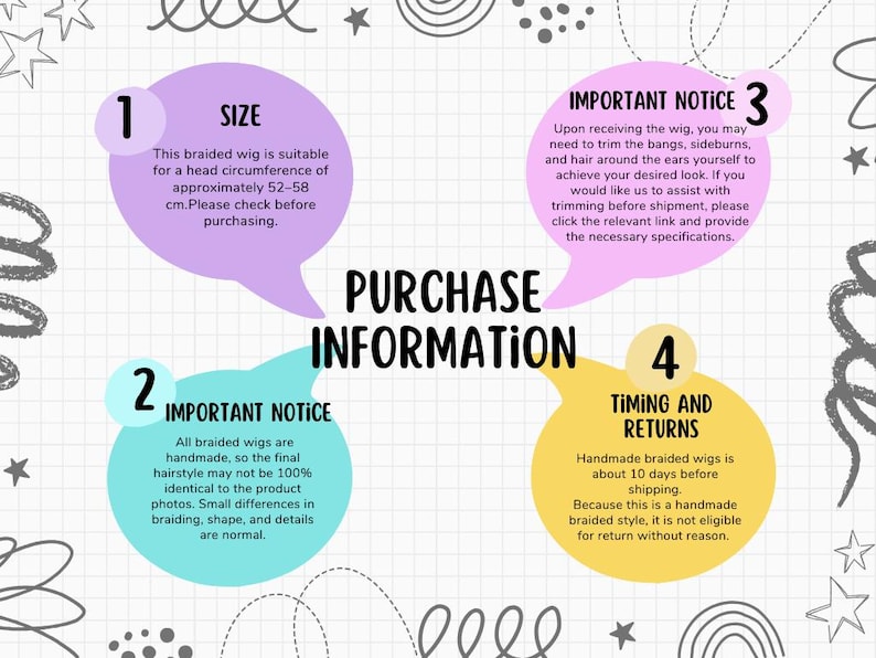May include: An informational graphic titled PURCHASE INFORMATION with four numbered speech bubbles. Bubble 1 details a head circumference of 52-58 cm. Bubble 2 notes handmade variations. Bubble 3 discusses trimming. Bubble 4 covers timing and returns.