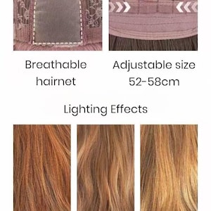 May include: A wig featuring a breathable hairnet and an adjustable size of 52-58cm. The hair is shown under three lighting conditions: dim indoor lighting, indoor natural light, and outdoor natural light, displaying variations in brown and auburn tones.