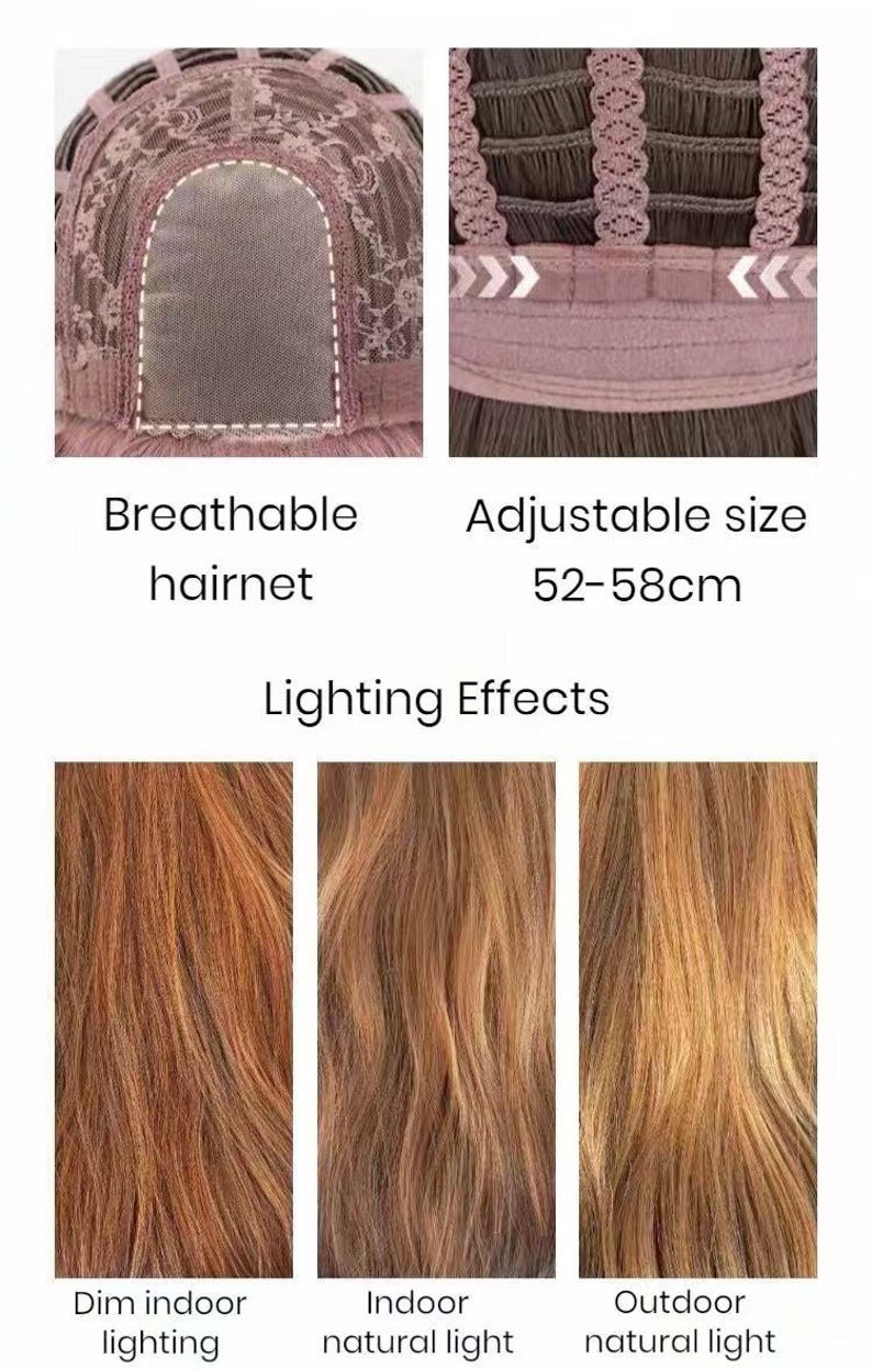 May include: A wig featuring a breathable hairnet and an adjustable size of 52-58cm. The hair is shown under three lighting conditions: dim indoor lighting, indoor natural light, and outdoor natural light, displaying variations in brown and auburn tones.
