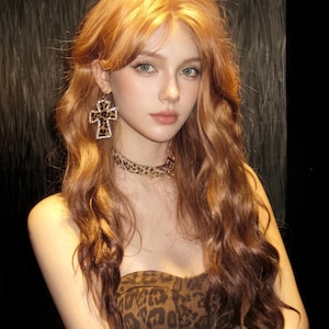 May include: A leopard print strapless top paired with a matching leopard print choker necklace and a large cross-shaped earring featuring a leopard print center surrounded by a border of small clear crystals, worn with long wavy ginger hair.