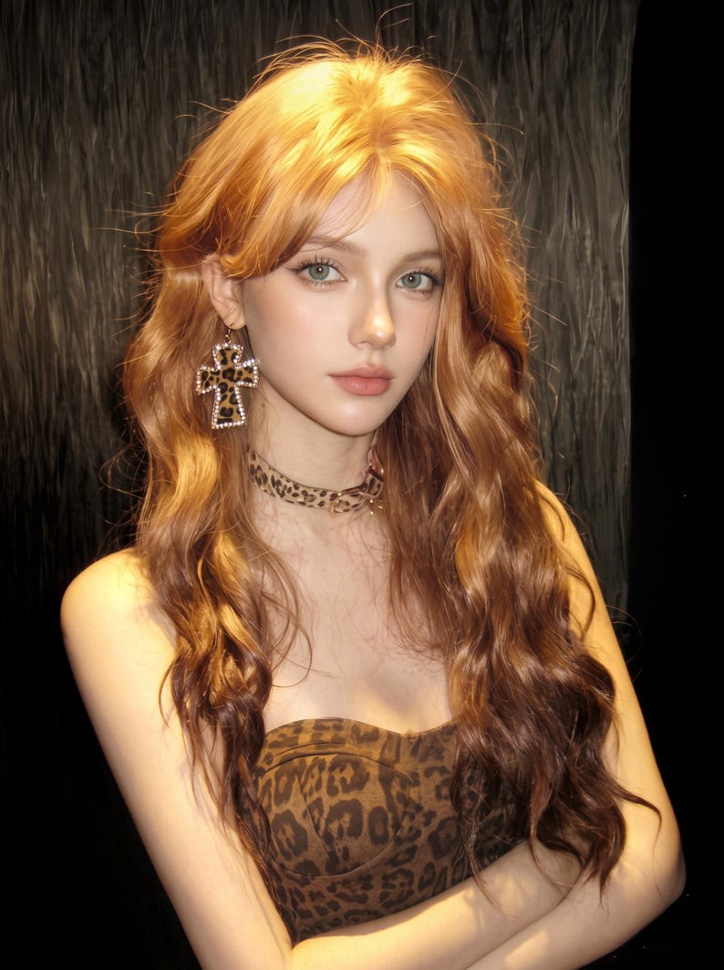 May include: A leopard print strapless top paired with a matching leopard print choker necklace and a large cross-shaped earring featuring a leopard print center surrounded by a border of small clear crystals, worn with long wavy ginger hair.