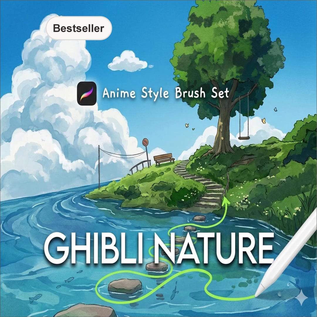 Ghibli Nature Procreate Brushes | Anime Landscape Stamp Pack (digital ...