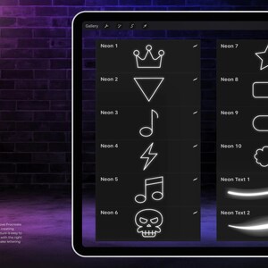 May include: A digital tablet displays Procreate brushes with neon-style designs. The brushes include shapes like a crown, star, and musical note, along with text effects. The text "12 Procreate Brushes" is also visible.