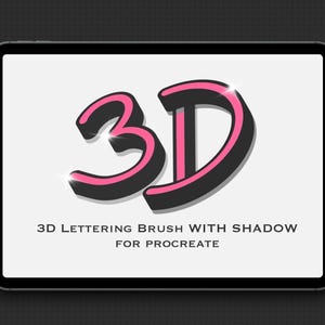 May include: A digital tablet displays the text "3D" in a stylized font with a black outline and pink fill, with a shadow effect. Below the 3D text is the text "3D LETTERING BRUSH WITH SHADOW FOR PROCREATE". The tablet is set against a dark gray background.