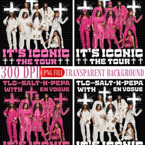 May include: A digital graphic featuring four variations of a concert poster for TLC, Salt-N-Pepa, and En Vogue. Each panel displays the group members in different colour palettes, including white and pink, with the text IT'S ICONIC THE TOUR.