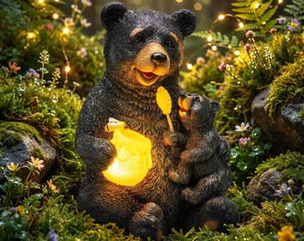 Standbeeld berentuin met lantaarn, schattige beer moeder en baby decor, buitenverlichting op zonne-energie, sprookjestuincadeau, decoratie terras