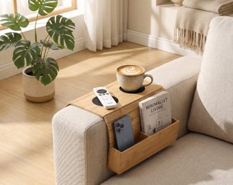 Fathers Day Gift,Perfect gift idea,Space - Saving Home Accessory,Wooden Sofa Armrest Table,Stylish Couch Table for Drinks,Remotes and Others