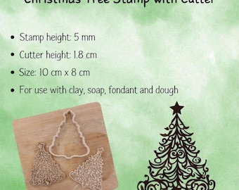 Christmas Tree Stamp & Cutter – 10×8 cm – Food Safe – For Clay, Handmade Soap, Fondant and Dough – Made to Order