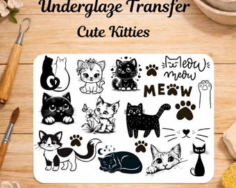 Transferencia bajo vidriado de gatitos adorables | Calcomanía para cerámica | Lámina de transferencia bajo vidriado para cerámica | Para taza, plato y tazón