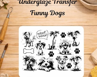 Transferencia bajo vidriado Perros divertidos | Calcomanía para cerámica | Ilustraciones de perros | Lámina de transferencia bajo vidriado para cerámica | Para taza, plato y cuenco