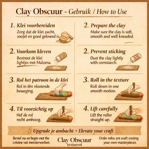 Puede incluir: Una gu&iacute;a de instrucciones titulada Clay Obscuur - How to Use, que presenta cuatro pasos numerados con ilustraciones. Muestra c&oacute;mo preparar la arcilla, espolvorear con almid&oacute;n de ma&iacute;z, rodar un patr&oacute;n texturizado y levantar el rodillo verticalmente.