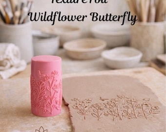 Strukturwalze mit Wildblumen- und Schmetterlingsmotiv für Ton – Prägewalze für Töpferwaren, Keramik, Polymerclay und Fondant – 8 cm