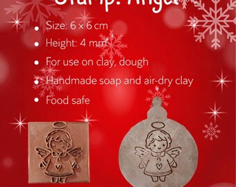 Christmas Angel Stamp – 6×6 cm Christmas Plush Toy Design • For Clay, Dough, Soap & Air‑Dry Clay • Food‑Safe Craft Stamp