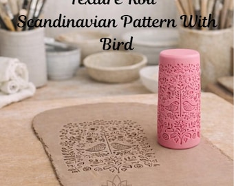 Scandinavian pattern with bird Texture Roller for Clay – emboss Pattern Roller for Pottery, Ceramics, Polymer Clay & Fondant