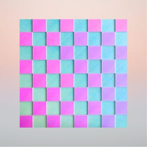 Op de afbeelding: Een vierkant rasterpaneel met een herhalend dambordpatroon van afwisselend felroze en lichtblauwe vierkanten. Het oppervlak heeft een driedimensionaal effect met verzonken vierkanten die diepte creëren in de gehele geometrische compositie.