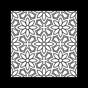 Puede incluir: Un patr&oacute;n gr&aacute;fico cuadrado que presenta un dise&ntilde;o repetitivo en blanco y negro de flores estilizadas de ocho p&eacute;talos que se alternan con formas geom&eacute;tricas de cuatro lados. Las l&iacute;neas son gruesas y uniformes, creando una cuadr&iacute;cula floral.