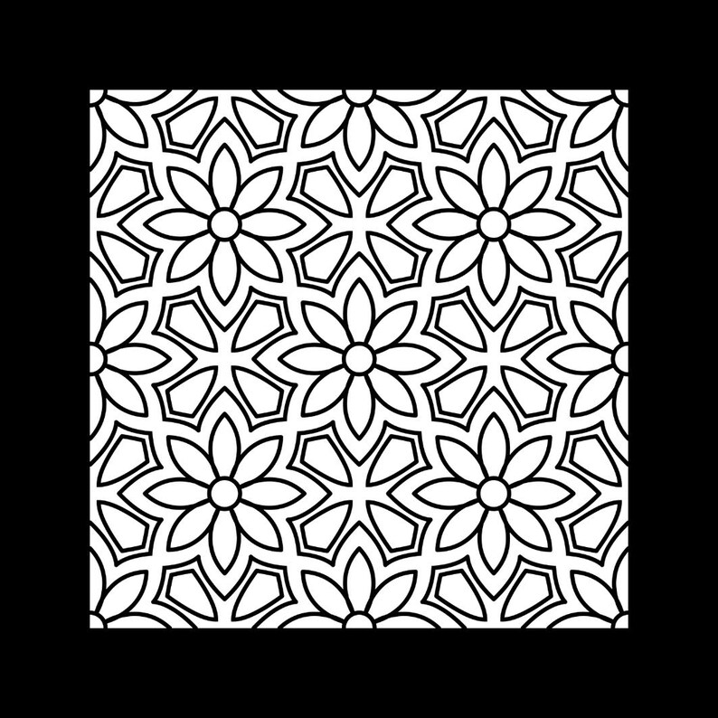 Puede incluir: Un patr&oacute;n gr&aacute;fico cuadrado que presenta un dise&ntilde;o repetitivo en blanco y negro de flores estilizadas de ocho p&eacute;talos que se alternan con formas geom&eacute;tricas de cuatro lados. Las l&iacute;neas son gruesas y uniformes, creando una cuadr&iacute;cula floral.