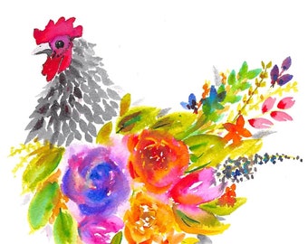 Watercolor Floral Chicken DIGITAL File