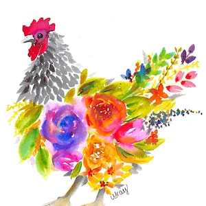 Watercolor Loose Floral Chicken Print, Hand Painted Chicken, Floral Watercolor Chicken, Painted Chicken Art, Wildflower Chicken