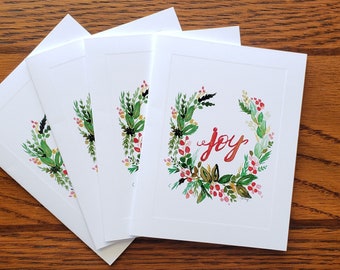 Joy Wreath Watercolor Notecard set, Wreath notecard, Christmas cards,  folded stationery, stationery set
