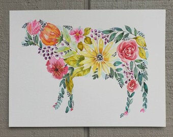 Watercolor Floral Cow PRINT, floral farm animals, Watercolor cow, bovine art, cow painting, cow art, floral cow, original by Lisa Gray