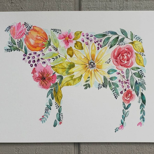 Watercolor Floral Cow PRINT, floral farm animals, Watercolor cow, bovine art, cow painting, cow art, floral cow, original by Lisa Gray