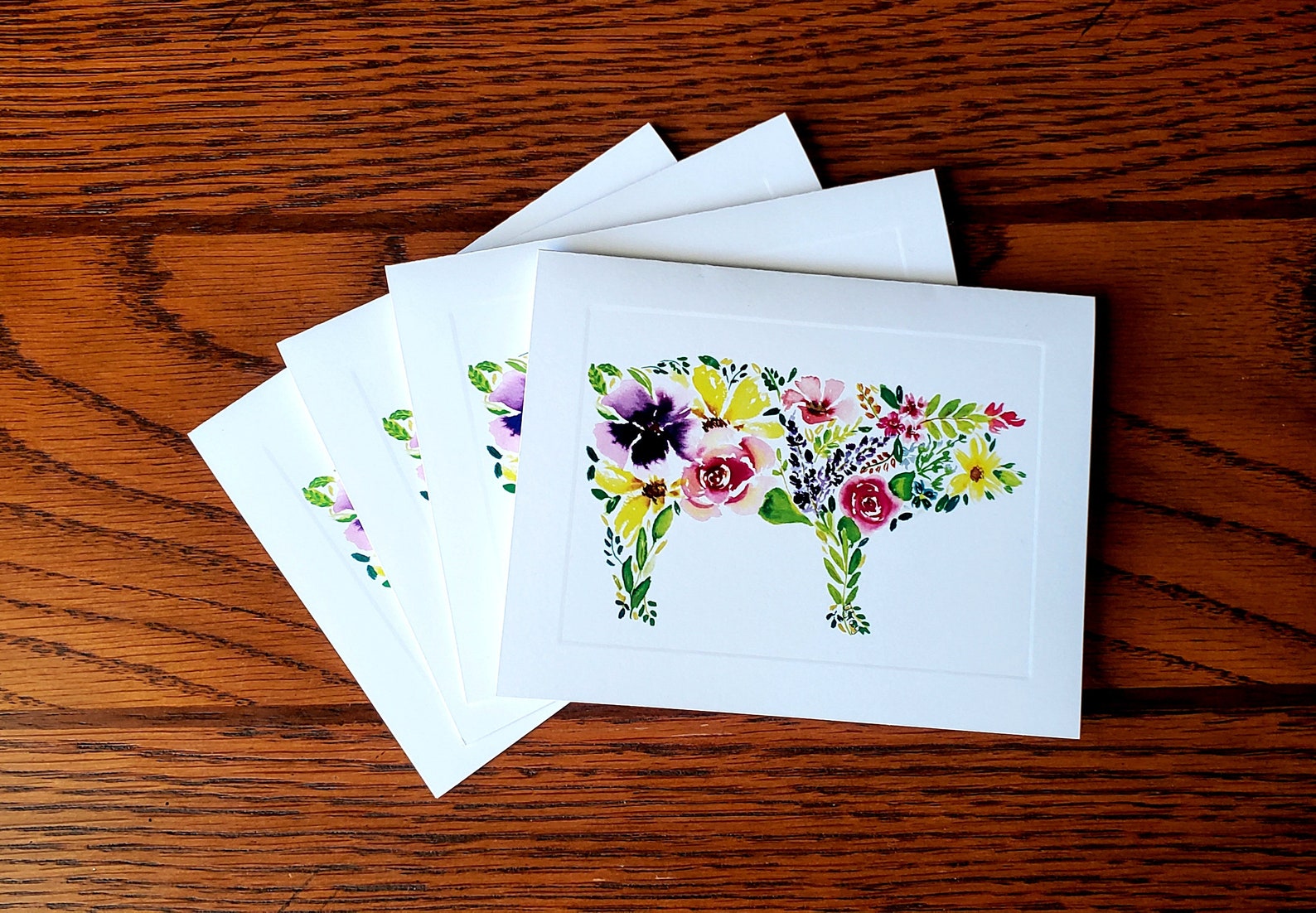 Watercolor Pig Notecard Set, Floral Pig Notecard, Pig Art, Notecards ...