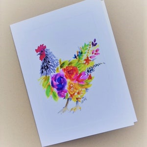 Watercolor Chicken Notecard set, Floral Chicken notecard,  chicken art, notecards, folded stationery, stationery set