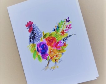 Watercolor Chicken Notecard set, Floral Chicken notecard,  chicken art, notecards, folded stationery, stationery set
