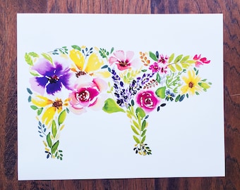 Watercolor Floral Pig PRINT, floral farm animals, Watercolor pig, swine art, pig painting, pig art, floral pig, original by Lisa Gray
