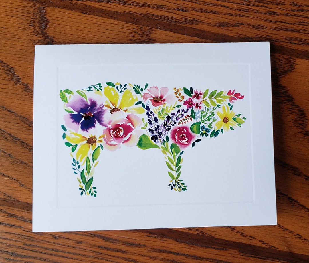 Watercolor Pig Notecard Set, Floral Pig Notecard, Pig Art, Notecards ...