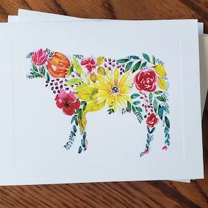 Aquarell Kuh Notecard Set, Floral Kuh Notecard, Kuh Kunst, Notecards, gefaltet Briefpapier, Briefpapier Set