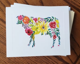 Watercolor Cow Notecard set, Floral Cow notecard,  cow art, notecards, folded stationery, stationery set