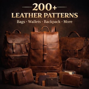 May include: A collection of brown leather bags, wallets, and a backpack. The image features a variety of leather goods, including a large backpack with a flap closure, several satchels, and multiple wallets. The text at the top reads "200+ LEATHER PATTERNS".