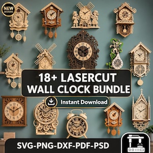 Pacchetto di 18+ orologi da parete tagliati al laser / Modelli decorativi in SVG e per lavorazione CNC del legno (download digitale)