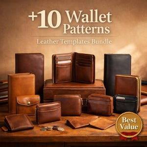 May include: A collection of leather wallets in various styles and shades of brown, including bi-fold, zip-around, and cardholder designs. The image includes the text "+10 Wallet Patterns Leather Templates Bundle" and a "Best Value" seal.