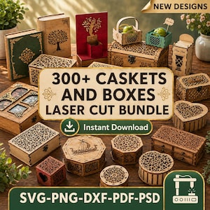 Puede incluir: Una colección de cajas y cofres de madera cortados con láser en varias formas y tamaños, con patrones intrincados, tapas con bisagras y diseños grabados. La imagen incluye el texto 300+ CASKETS AND BOXES LASER CUT BUNDLE y SVG-PNG-DXF-PDF-PSD.