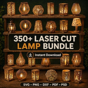 May include: A collection of laser-cut lamps displayed on wooden shelves. The lamps feature various geometric and nature-inspired designs, with warm light emanating from within. The image includes the text "350+ LASER CUT LAMP BUNDLE" and "Instant Download".